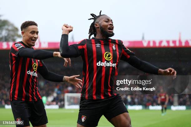 Antoine Semenyo of AFC Bournemouth celebrates alongside teammate Marcus Tavernier after scoring the team's first goal during the Premier League match...
