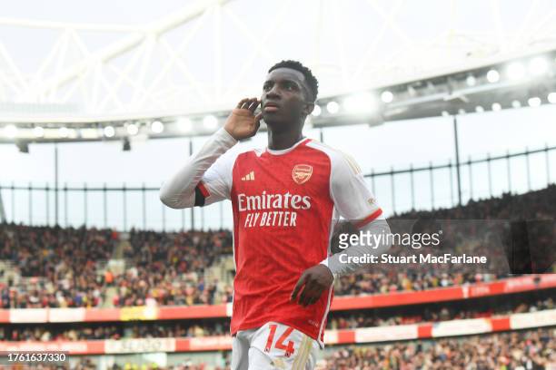 Eddie Nketiah of Arsenal celebrates after scoring the team's first goal during the Premier League match between Arsenal FC and Sheffield United at...