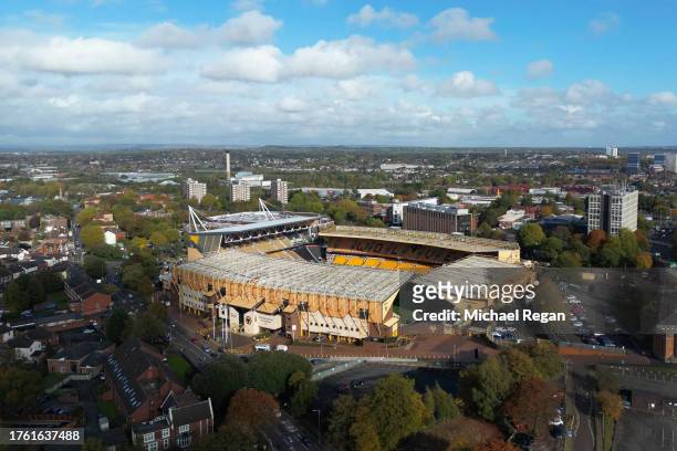An aerial view of Molineux stadium before the Premier League match between Wolverhampton Wanderers and Newcastle United at Molineux on October 28,...