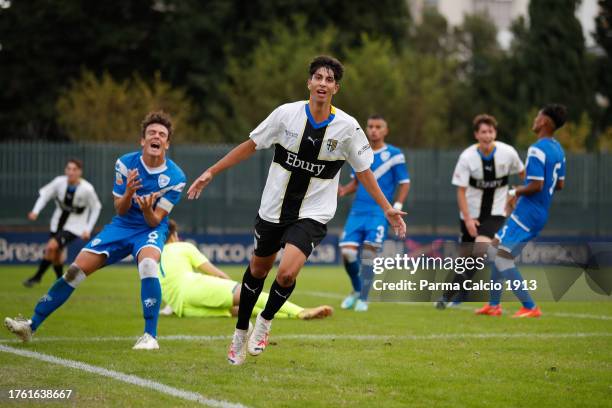 Andrea Gemello of Parma celebrates scorin his side's second goal during the Primavera 2 match between Brescia U19 and Parma Calcio U19 at San Filippo...