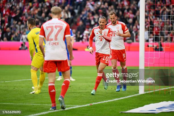Leroy Sane of Bayern Munich celebrates after scoring the team's second goal during the Bundesliga match between FC Bayern München and SV Darmstadt 98...