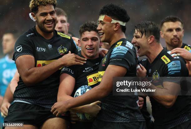 Dan Frost of Exeter Chiefs celebrates scoring his teams second try during the Gallagher Premiership Rugby match between Exeter Chiefs and Sale Sharks...