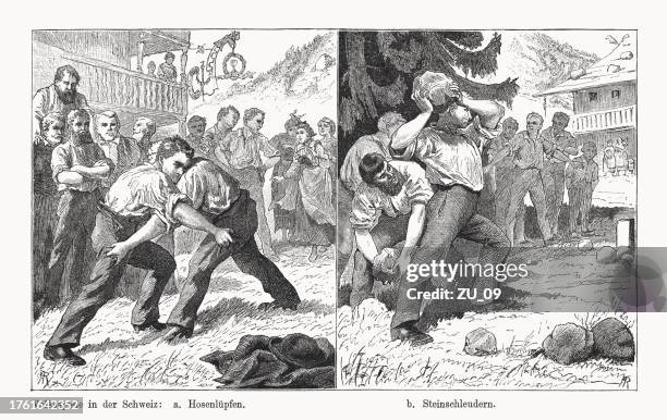 folk games in switzerland, wood engraving, published in 1894 - tournament champion stock illustrations