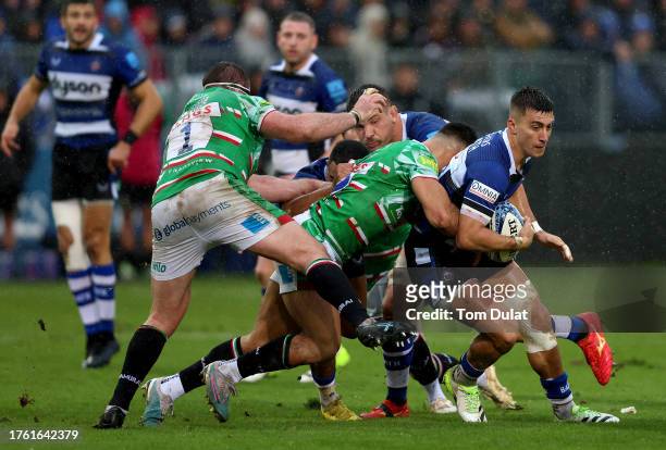 Cameron Redpath of Bath is tackled during the Gallagher Premiership Rugby match between Bath Rugby and Leicester Tigers at The Recreation Ground on...