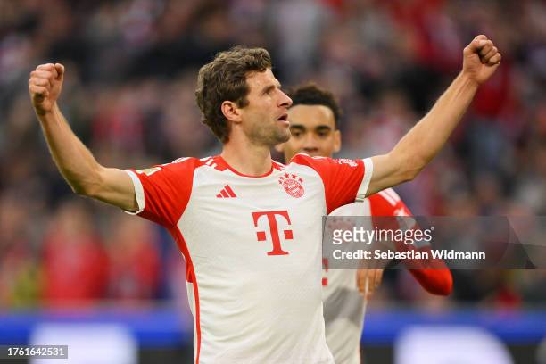 Thomas Mueller of Bayern Munich celebrates after scoring the team's sixth goal during the Bundesliga match between FC Bayern München and SV Darmstadt...