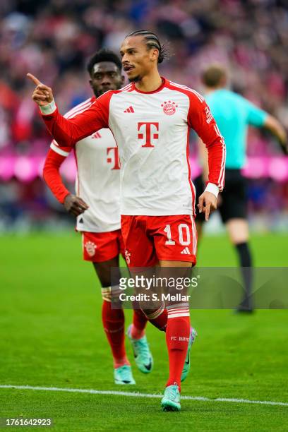 Leroy Sane of Bayern Munich celebrates after scoring the team's fourth goal during the Bundesliga match between FC Bayern München and SV Darmstadt 98...