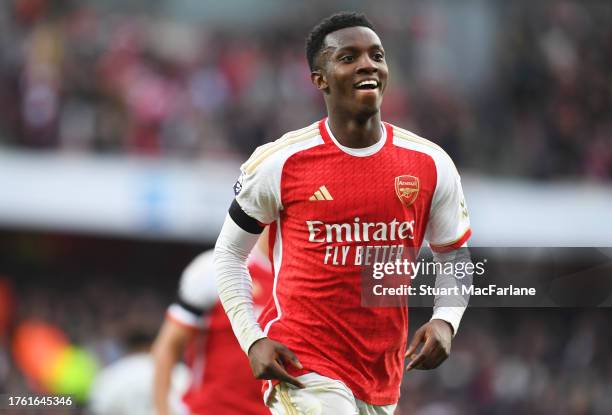 Eddie Nketiah of Arsenal celebrates after scoring the team's third goal during the Premier League match between Arsenal FC and Sheffield United at...