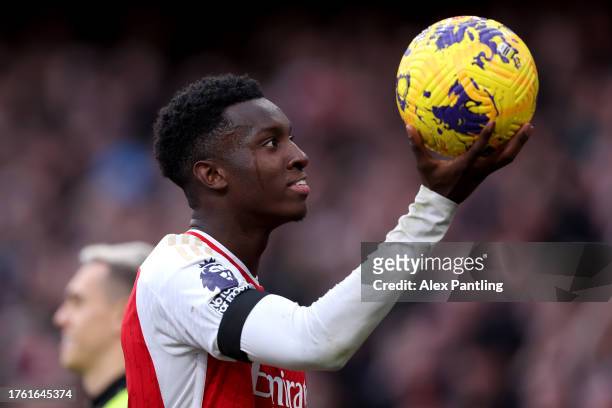 Eddie Nketiah of Arsenal celebrates after scoring the team's third goal during the Premier League match between Arsenal FC and Sheffield United at...