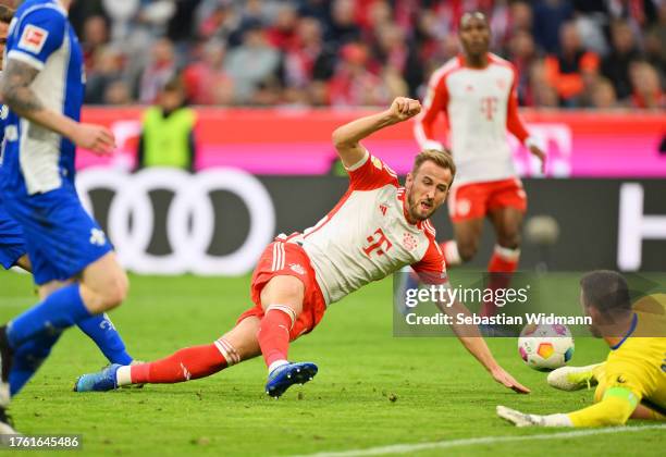 Harry Kane of Bayern Munich scores the team's eighth goal during the Bundesliga match between FC Bayern München and SV Darmstadt 98 at Allianz Arena...