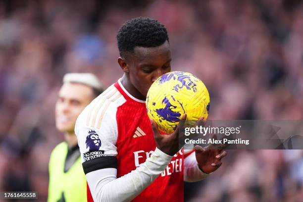 Eddie Nketiah of Arsenal celebrates after scoring the team's third goal during the Premier League match between Arsenal FC and Sheffield United at...