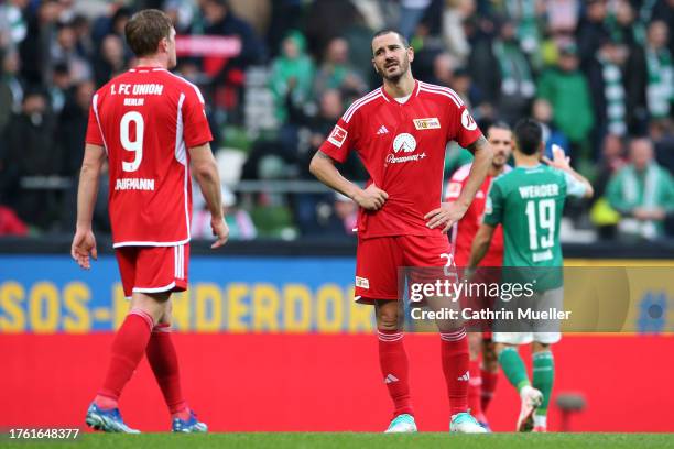 Mikkel Kaufmann and Leonardo Bonucci of 1. FC Union Berlin look dejected after the Bundesliga match between SV Werder Bremen and 1. FC Union Berlin...