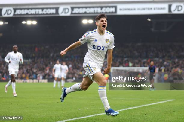 Daniel James of Leeds United celebrates after scoring the team's first goal during the Sky Bet Championship match between Leeds United and...