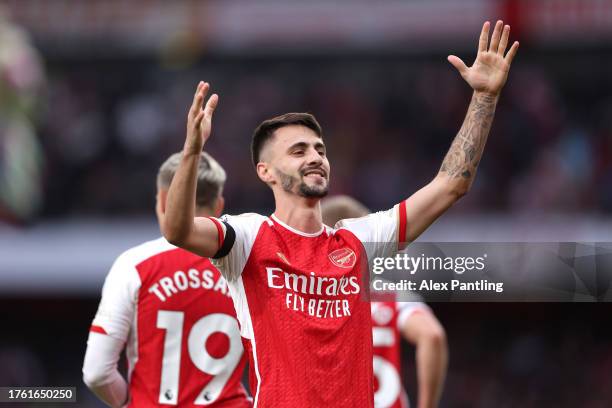 Fabio Vieira of Arsenal celebrates after scoring the team's fourth goal during the Premier League match between Arsenal FC and Sheffield United at...