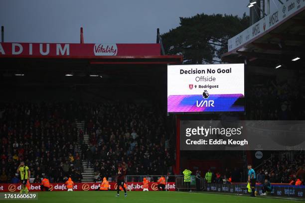 The LED board shows the decision of "No Goal" after Jay Rodriguez of Burnley scored an offside goal during the Premier League match between AFC...