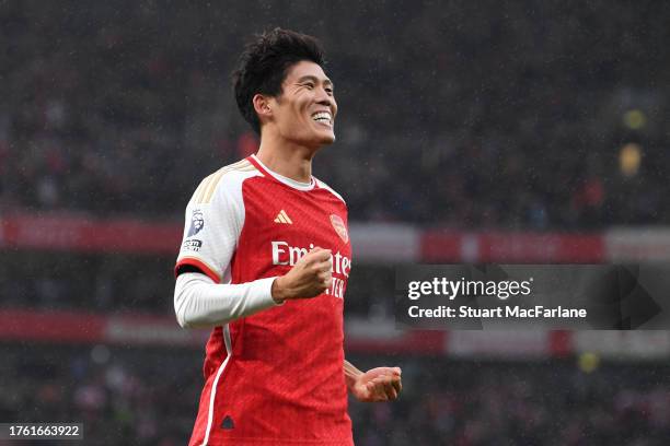 Takehiro Tomiyasu of Arsenal celebrates after scoring the team's fifth goal during the Premier League match between Arsenal FC and Sheffield United...