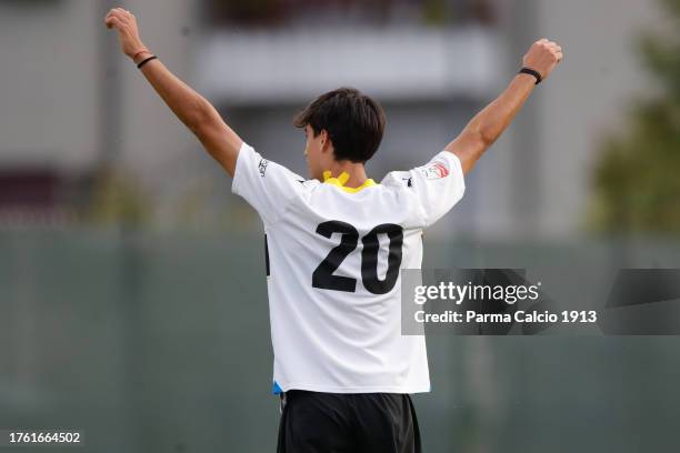 Cristopher Russo of Parma celebrates at the end of the Primavera 2 match between Brescia U19 and Parma Calcio U19 at San Filippo Sports Centre on...