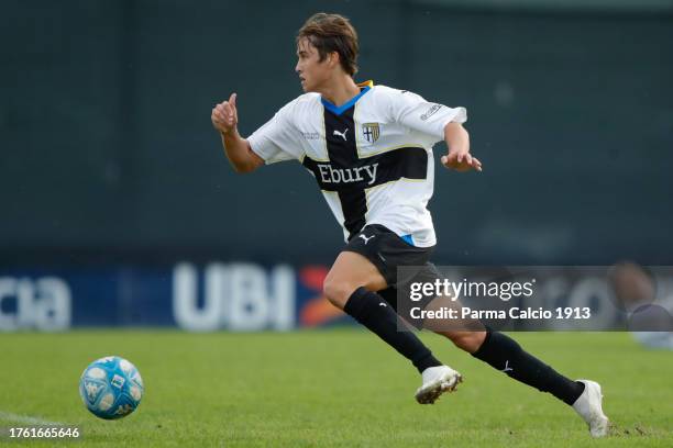 Diego Rossi of Parma in action during the Primavera 2 match between Brescia U19 and Parma Calcio U19 at San Filippo Sports Centre on October 28, 2023...