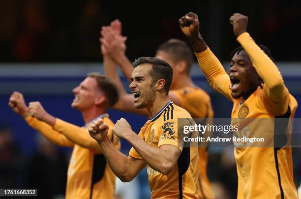 Harry Winks of Leicester City celebrates his side's victory at the final whistle during the Sky Bet Championship match between Queens Park Rangers...