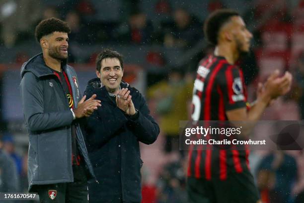 Philip Billing of AFC Bournemouth and Andoni Iraola, Manager of AFC Bournemouth, applauds the fans after the team's victory in the Premier League...