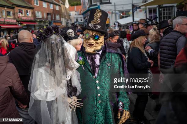 Man in costume reacts as he attends Whitby Goth Weekend on October 28, 2023 in Whitby, England. The Whitby Goth Weekend is an alternative festival...