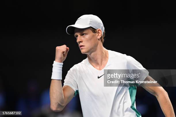 Jannik Sinner of Italy reacts in his semi-final match against Andrey Rublev of Russia during day eight of the Erste Bank Open 2023 at Wiener...