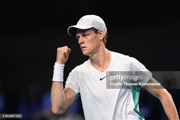 Jannik Sinner of Italy reacts in his semi-final match against Andrey Rublev of Russia during day eight of the Erste Bank Open 2023 at Wiener...