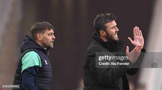 Middlesbrough Head Coach Michael Carrick and assistant Jonathan Woodgate react on the sidelines during the Sky Bet Championship match between...