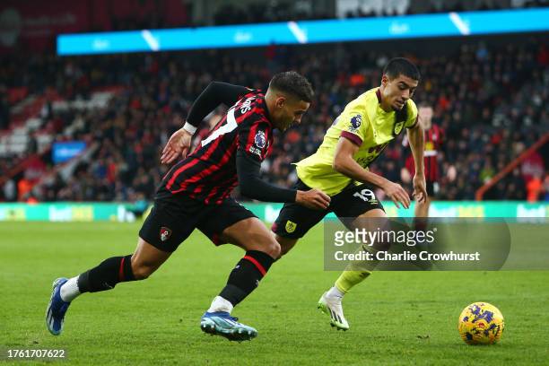 Max Aarons of Bournemouth takes on Burnley's Anass Zaroury during the Premier League match between AFC Bournemouth and Burnley FC at Vitality Stadium...