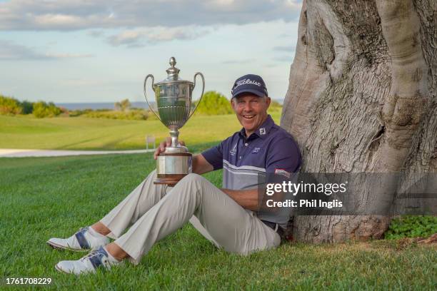 James Kingston of South Africa poses with the trophy during Day Three of the Sergio Melpignano Senior Italian Open at San Domenico Golf on October...