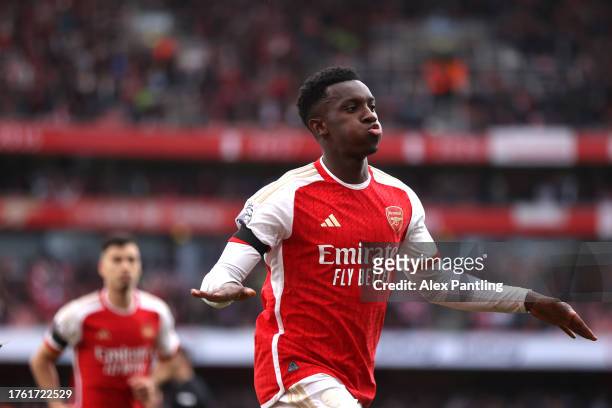 Eddie Nketiah of Arsenal celebrates after scoring the team's second goal during the Premier League match between Arsenal FC and Sheffield United at...