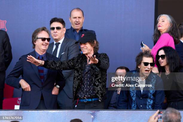 Mick Jagger and Ronnie Wood of the Rolling Stones are seen in attendance as FC Barcelona debut their limited edition match shirt featuring the...