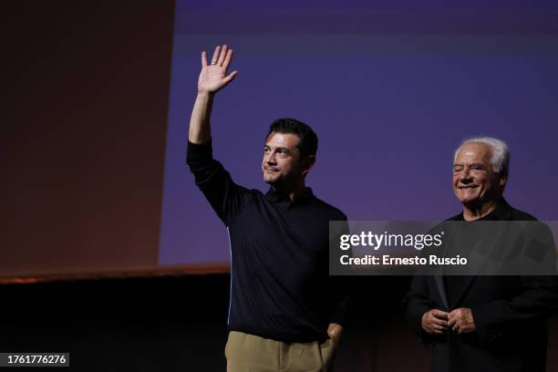 Vinicio Marchioni and Giorgio Colangeli attend the awards ceremony of the 18th Rome Film Festival at Auditorium Parco Della Musica on October 28,...