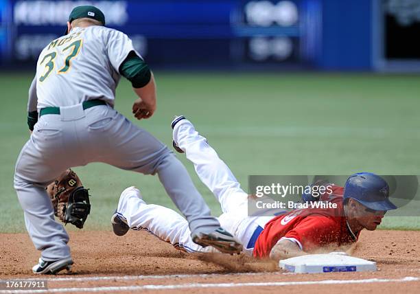 Brett Lawrie of the Toronto Blue Jays slides back into first base as Brandon Moss of the Oakland Athletics covers the bag during MLB game action...