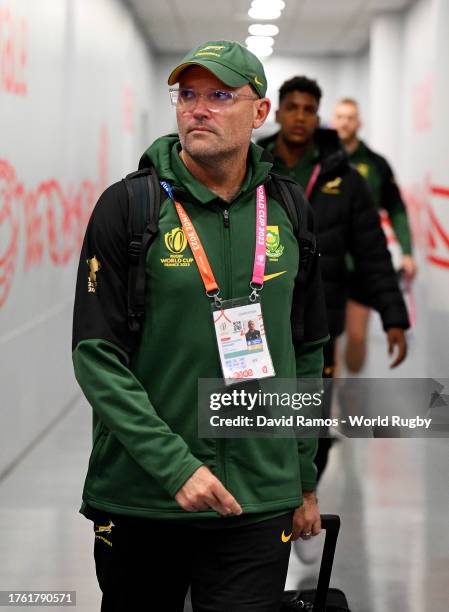 Jacques Nienaber, Head Coach of South Africa, arrives at the stadium prior to the Rugby World Cup Final match between New Zealand and South Africa at...