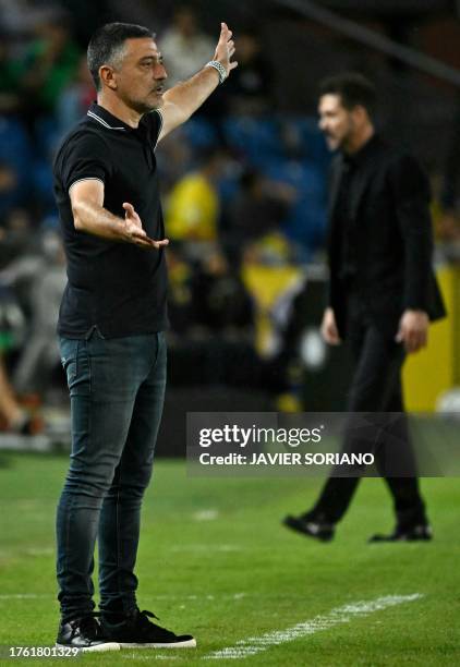 Las Palmas' Spanish coach Francisco Javier Garcia Pimienta gestures during the Spanish league football match between UD Las Palmas and Club Atletico...