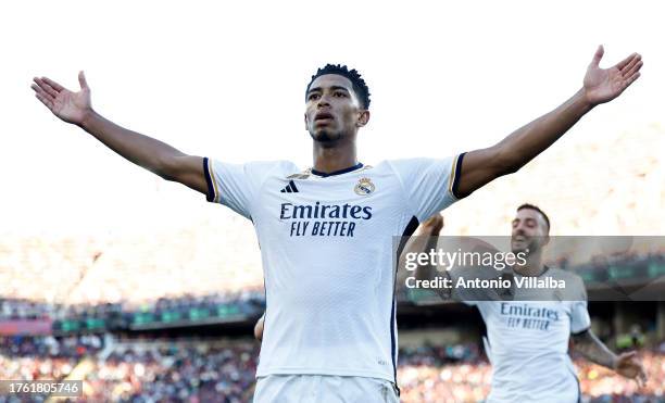 Jude Bellingham player of Real Madrid celebrates his goal during the LaLiga EA Sports match between FC Barcelona and Real Madrid CF at Estadi Olimpic...