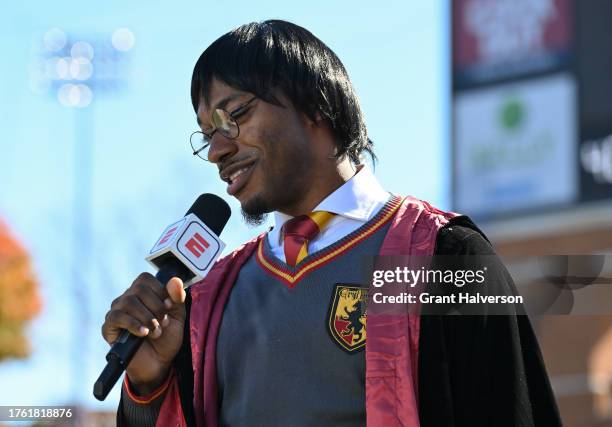 Personality Robert Griffin III dresses in costume as Harry Potter during the game between the Wake Forest Demon Deacons and the Florida State...