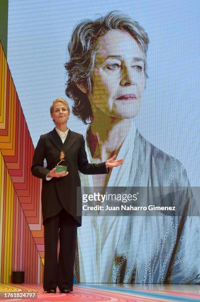 Charlotte Rampling receives the 'Espiga de Honor' award during the Closing Ceremony during Seminci Valladolid 2023 on October 28, 2023 in Valladolid,...