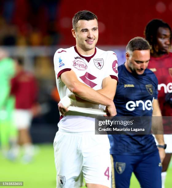 Alessandro Buongiorno of Torino smiles after the Serie A TIM match between US Lecce and Torino FC at Stadio Via del Mare on October 28, 2023 in...