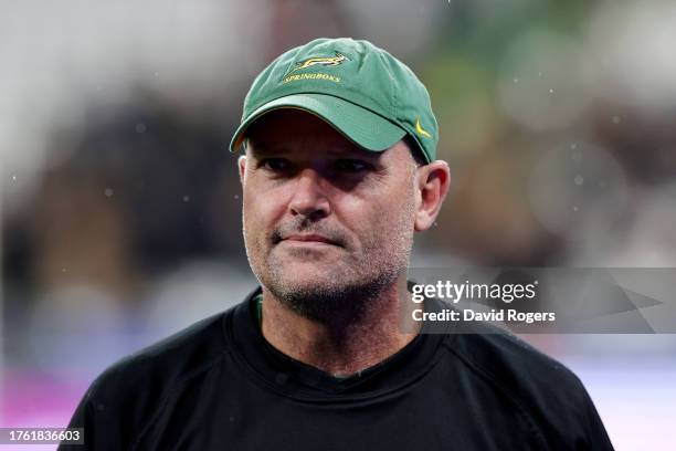 Jacques Nienaber, Head Coach of South Africa, look on prior to the Rugby World Cup Final match between New Zealand and South Africa at Stade de...