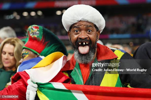 Fan of South Africa enjoys the pre match atmosphere prior to the Rugby World Cup Final match between New Zealand and South Africa at Stade de France...