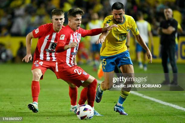 Atletico Madrid's Spanish midfielder Rodrigo Riquelme is challenged by Las Palmas' Spanish midfielder Javi Munoz during the Spanish league football...