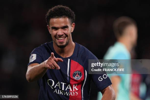 Paris Saint-Germain's French midfielder Warren Zaire-Emery celebrates scoring his team's second goal during the French L1 football match between...