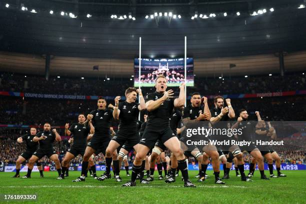 In this handout image provided by World Rugby, Sam Cane of New Zealand leads the Haka prior to kick-off ahead of the Rugby World Cup Final match...