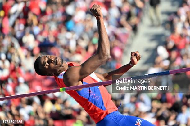 Cuba's Luis Enrique Zayas Fernandez competes in the men's high jump final of the Pan American Games Santiago 2023 at the National Stadium in...