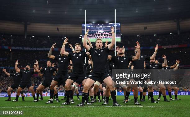 In this handout image provided by World Rugby, Sam Cane of New Zealand leads the Haka prior to kick-off ahead of the Rugby World Cup Final match...