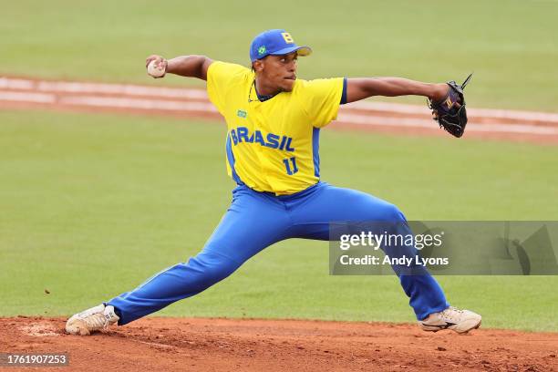 Felipe Natel of Team Brazil pitches in the first inning during a game against Team Colombia on Baseball - Men's Team Gold Medal at Parque...