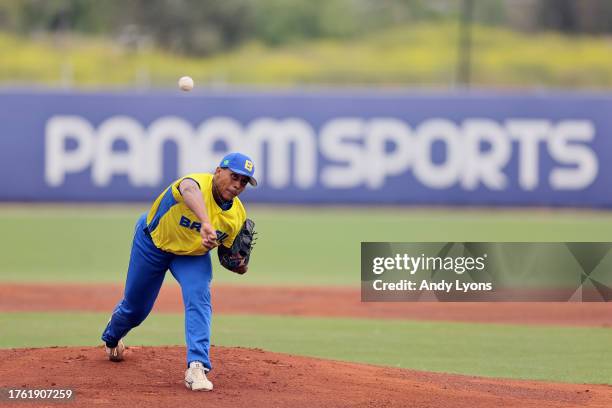 Felipe Natel of Team Brazil pitches in the first inning during a game against Team Colombia on Baseball - Men's Team Gold Medal at Parque...