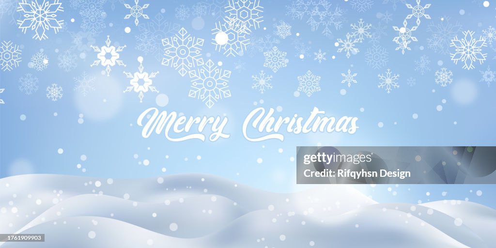 Vector winter snowy landscape background design with falling snowflakes under blue sky