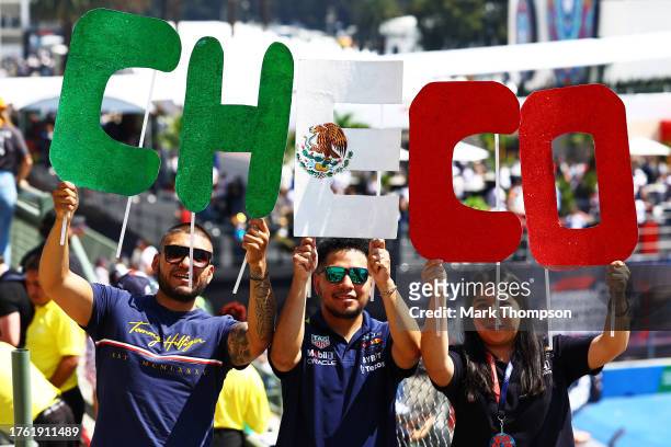Fans of Sergio Perez of Mexico and Oracle Red Bull Racing show their support during final practice ahead of the F1 Grand Prix of Mexico at Autodromo...